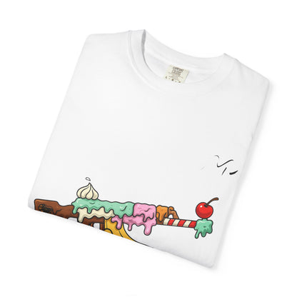 Whimsical Ice Cream Gun T-Shirt, Casual Wear, Unique Graphic Tee, Summer Fashion, Gift for Foodies, Fun Vintage Style